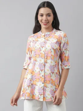 Lavender Floral Printed Rayon A-Line Shirt Style Top