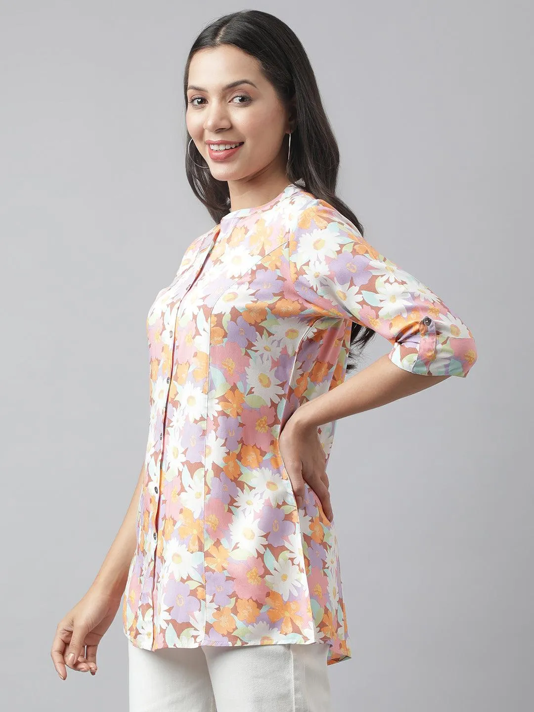 Lavender Floral Printed Rayon A-Line Shirt Style Top