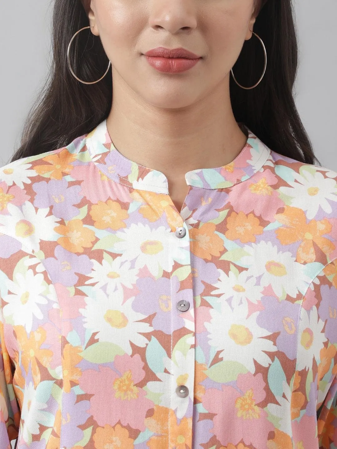 Lavender Floral Printed Rayon A-Line Shirt Style Top