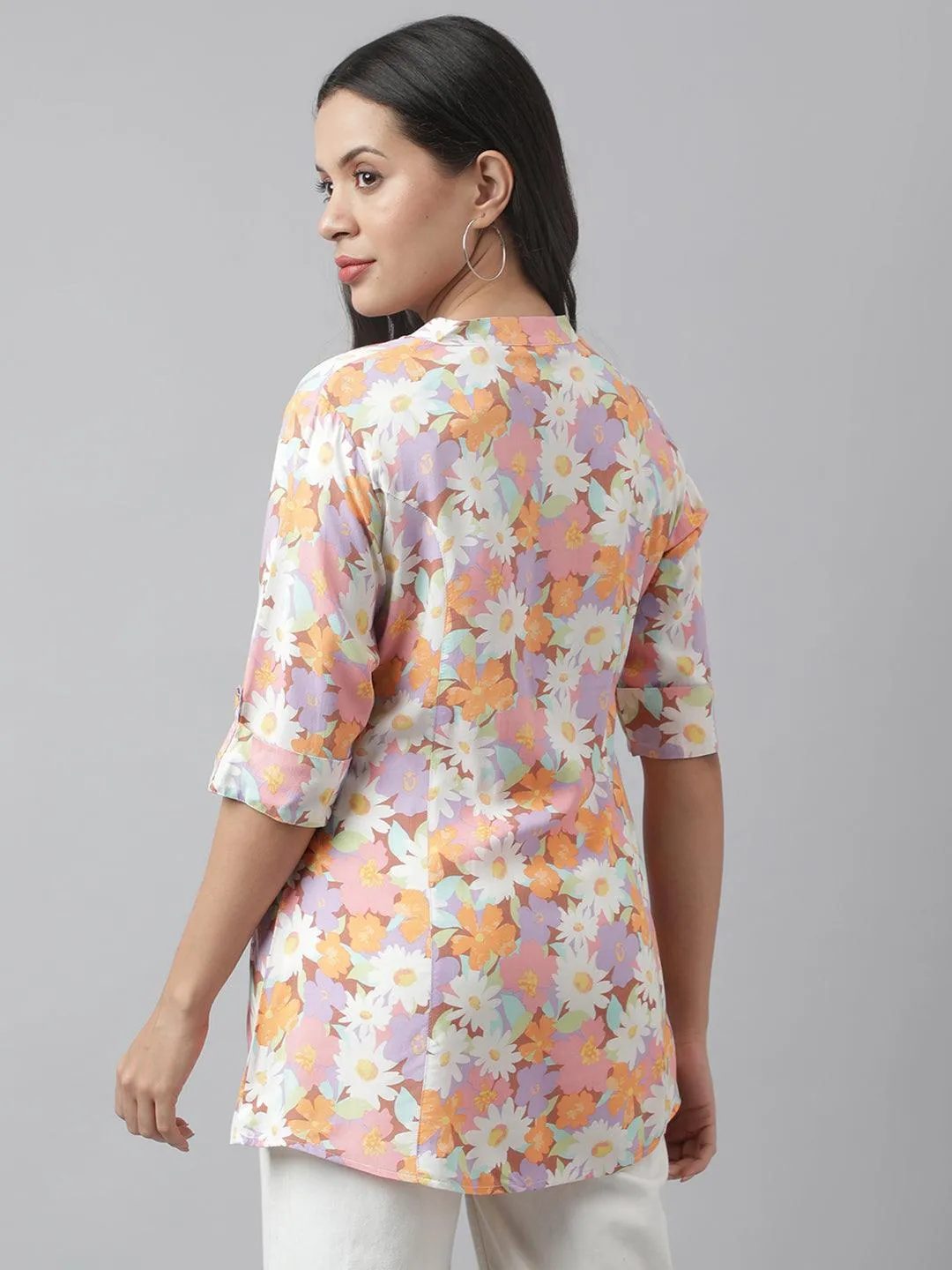 Lavender Floral Printed Rayon A-Line Shirt Style Top