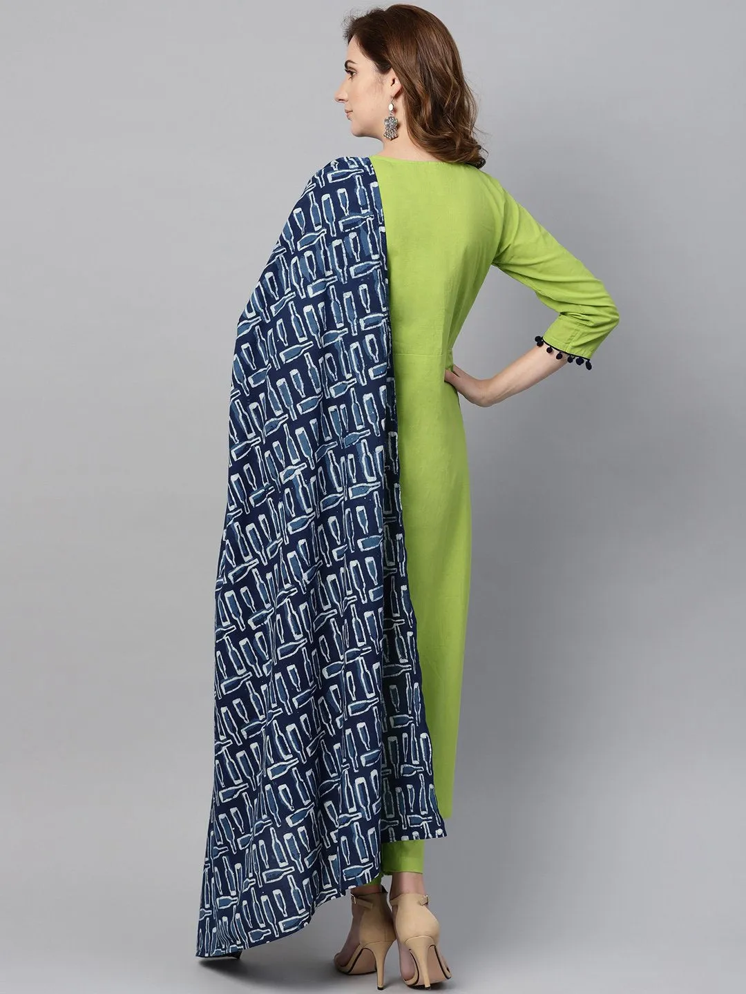 Lime Green Kurta Set With Pants & Mul Printed Dupatta