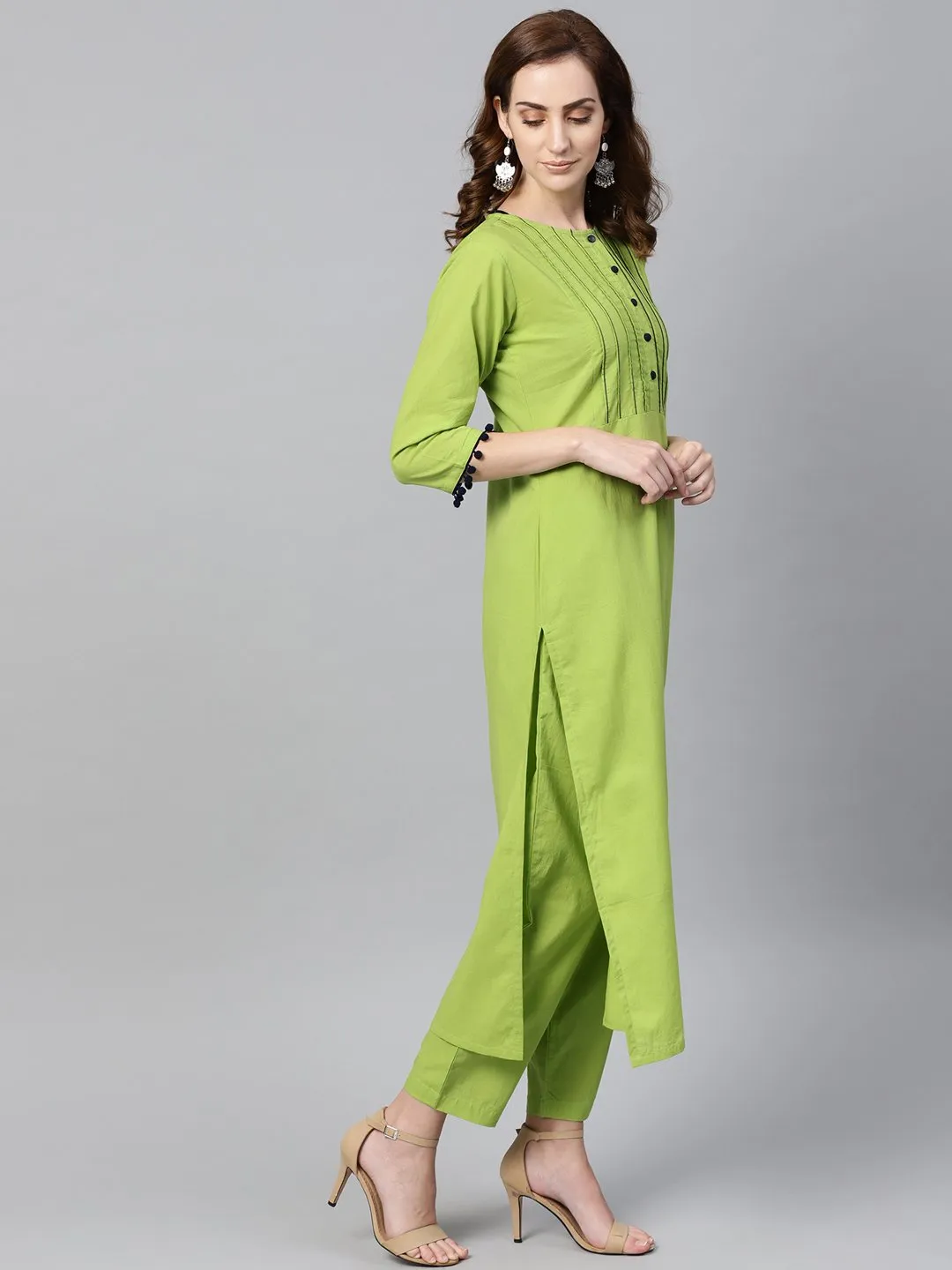 Lime Green Kurta Set With Pants & Mul Printed Dupatta