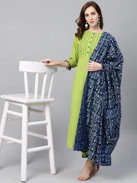 Lime Green Kurta Set With Pants & Mul Printed Dupatta