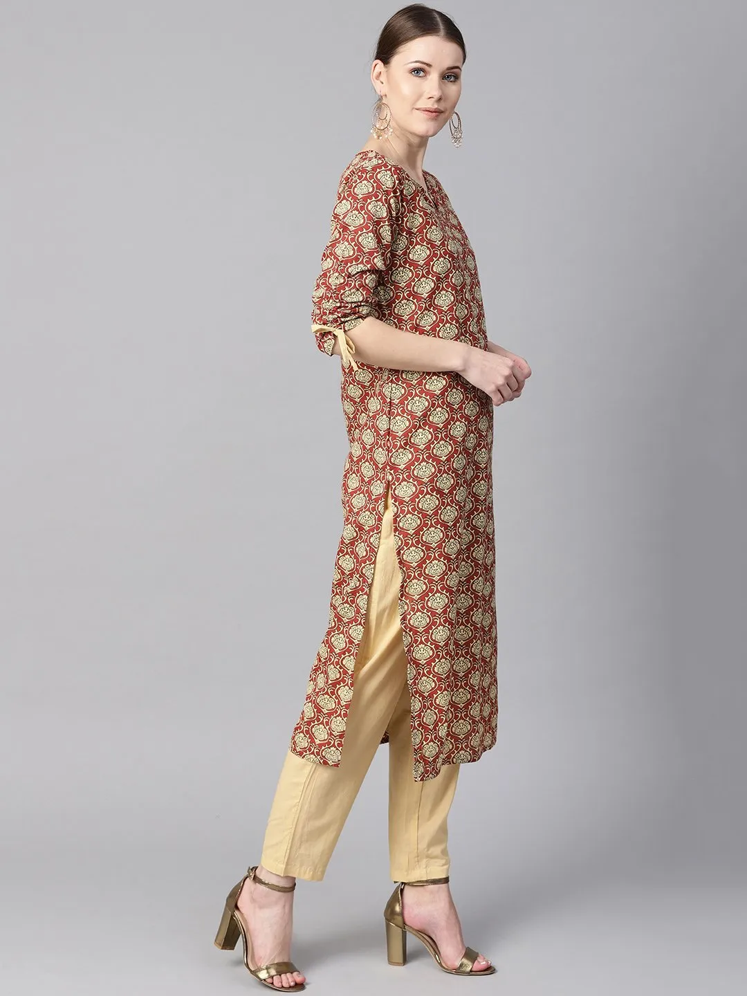 Maroon Floral Printed Kurta With Draw String Detailed Sleeves And Pale Yellow Pants