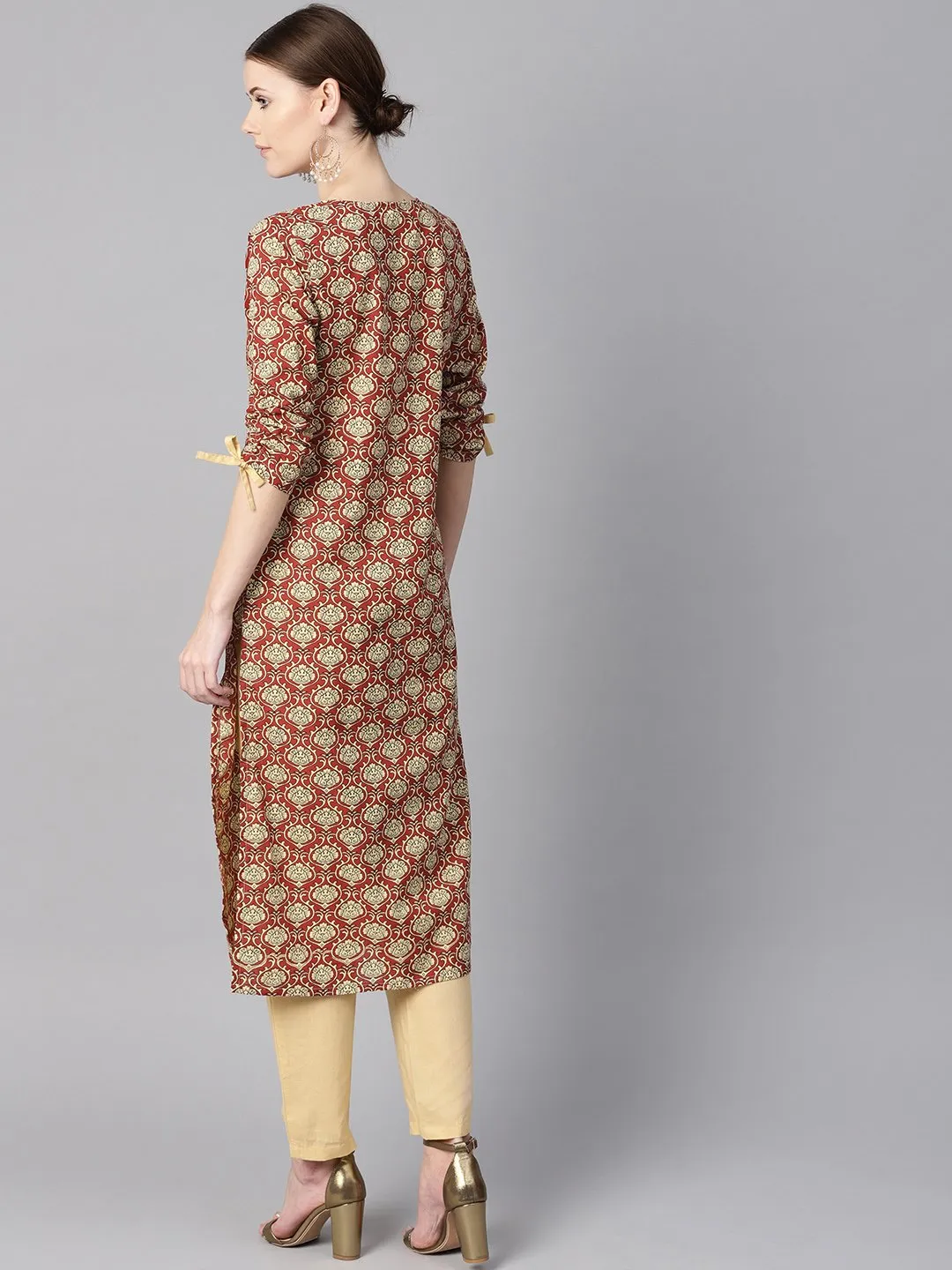 Maroon Floral Printed Kurta With Draw String Detailed Sleeves And Pale Yellow Pants