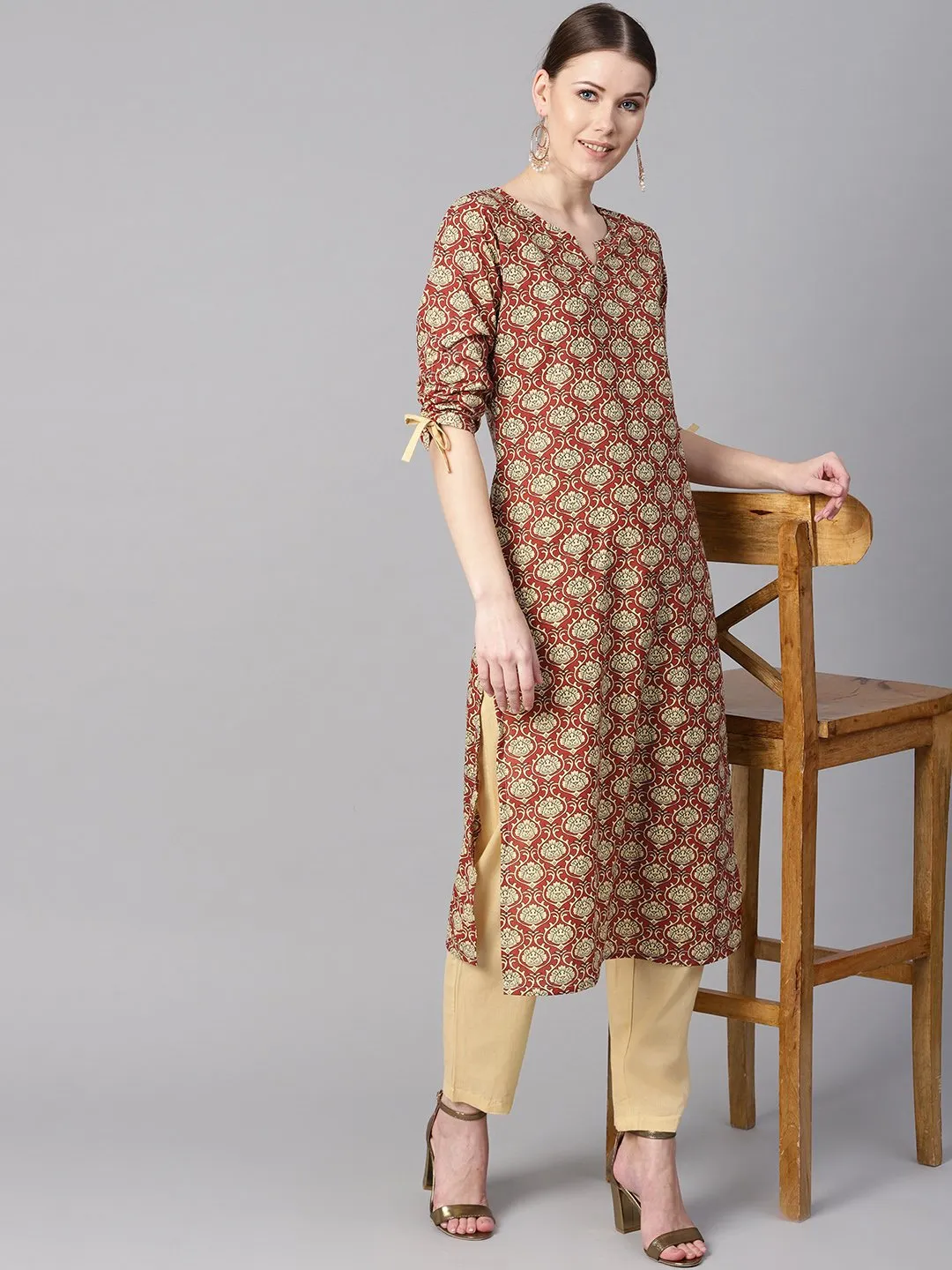 Maroon Floral Printed Kurta With Draw String Detailed Sleeves And Pale Yellow Pants