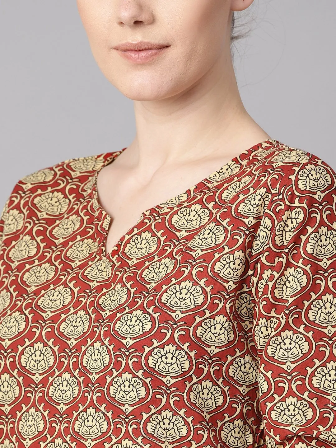 Maroon Floral Printed Kurta With Draw String Detailed Sleeves And Pale Yellow Pants