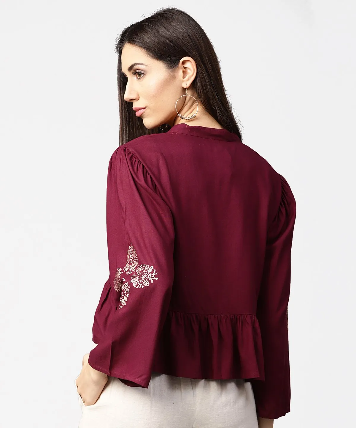 Maroon Full Sleeve Block Printed Crop Tops With Dori Work At Neck