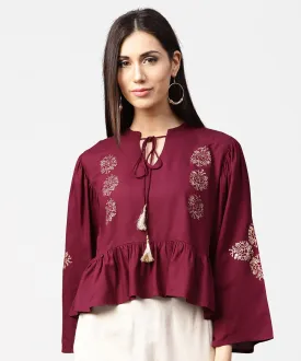 Maroon Full Sleeve Block Printed Crop Tops With Dori Work At Neck