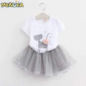 Menoea 2017 Autumn New Baby Girls Clothing Sets Fashion Style Cartoon Kitten Printed T-Shirts Net Veil Dress 2Pcs Girls Clothes