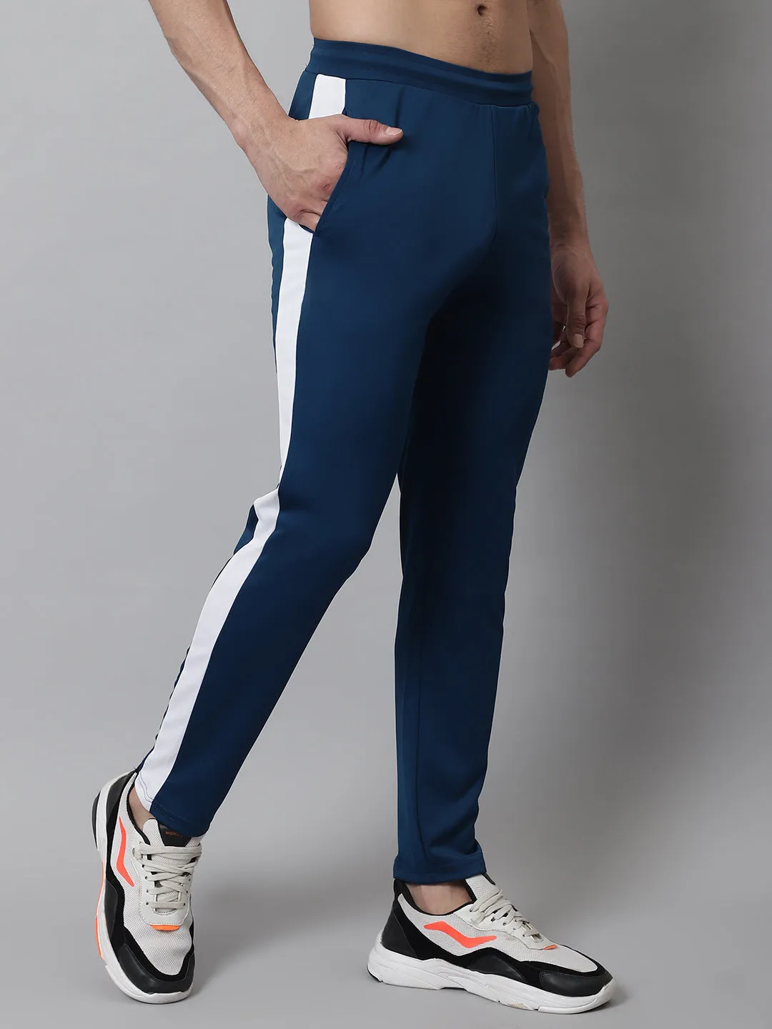 Men'S Peacock Blue And White Striped Streachable Lycra Trackpants