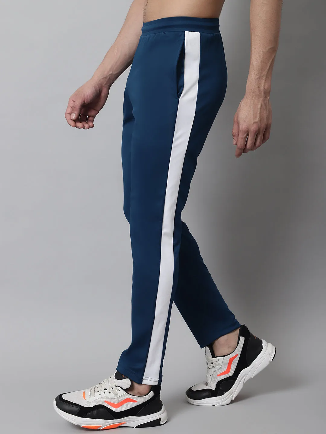 Men'S Peacock Blue And White Striped Streachable Lycra Trackpants