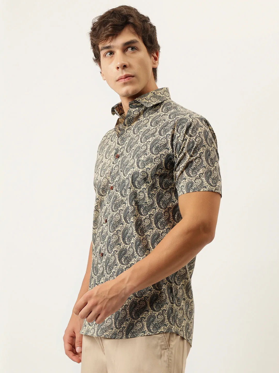 Millennial Men Beige And Navy Printed Cotton Half Sleeve Shirts