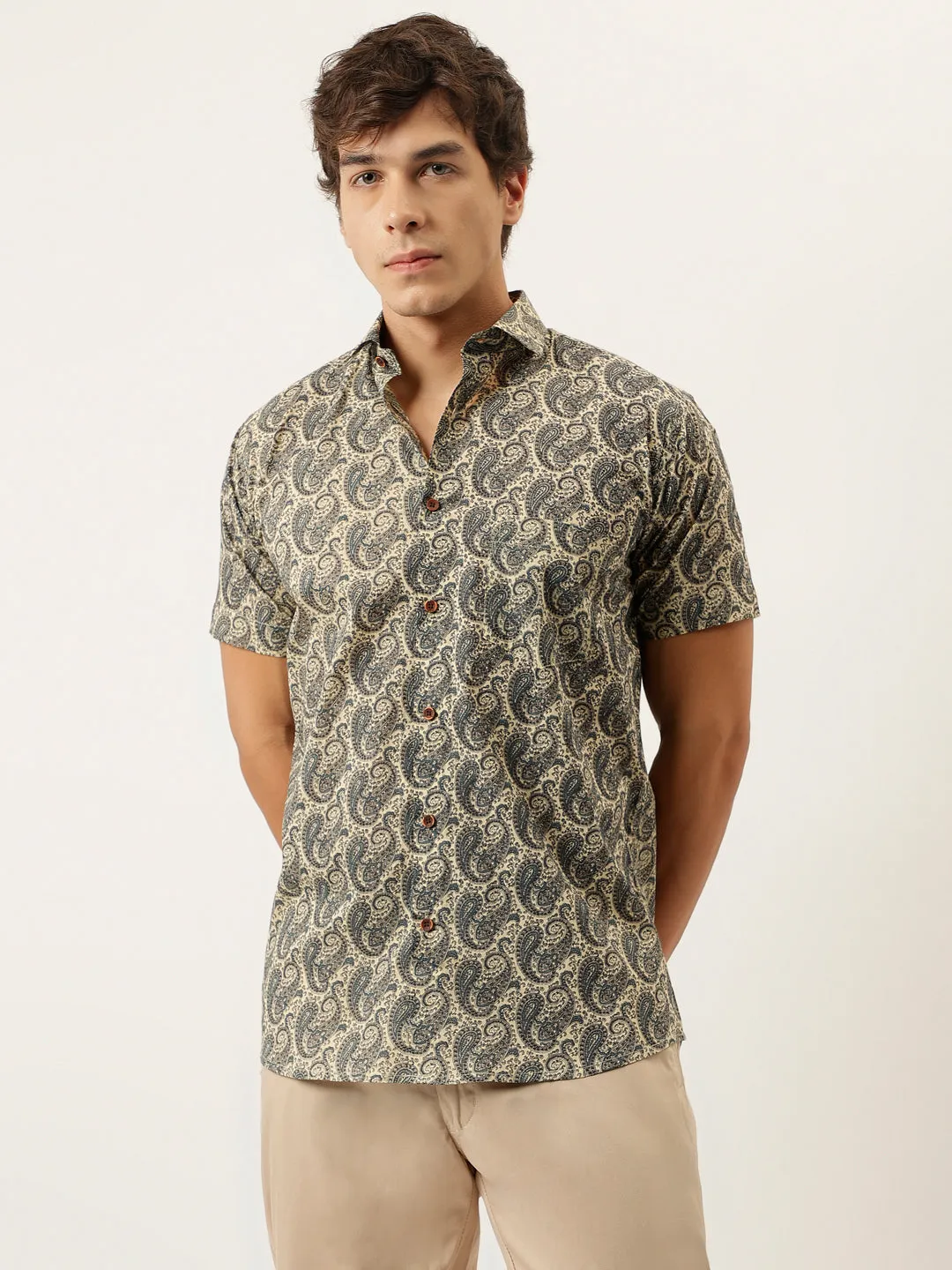 Millennial Men Beige And Navy Printed Cotton Half Sleeve Shirts