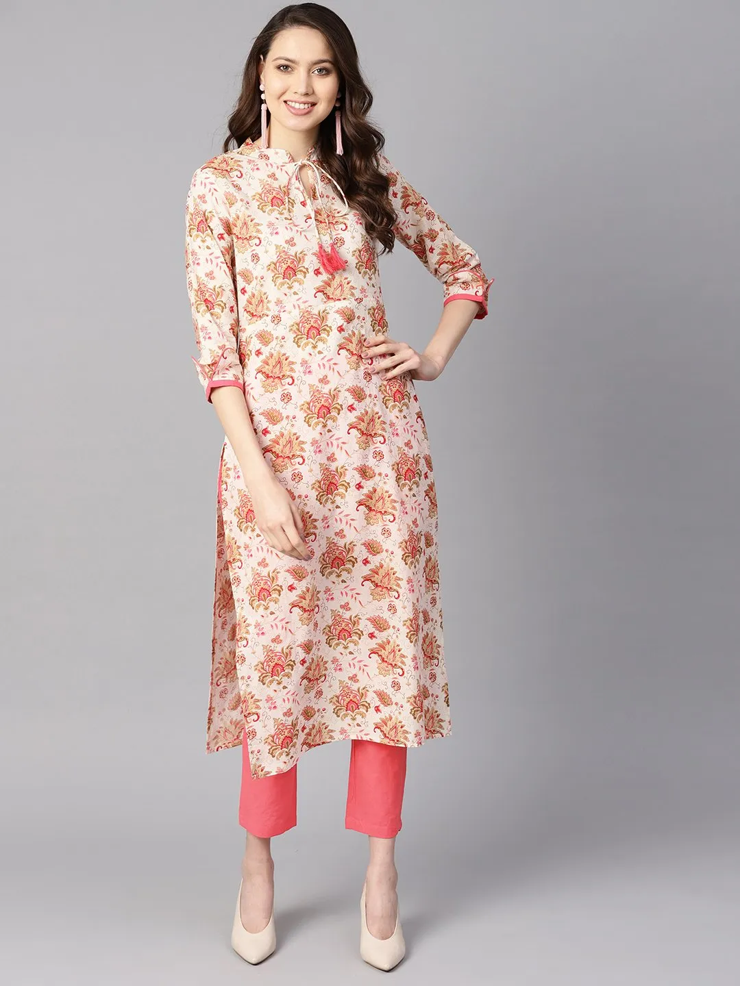 Multi Colored Floral Printed Straight Kurta With Detailed Cuff With Solid Pink Pants