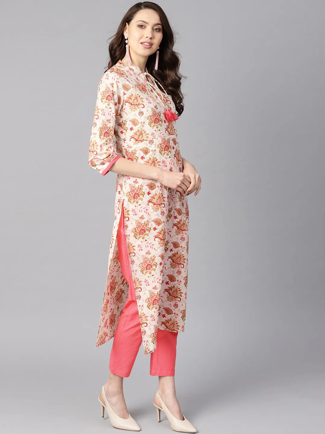 Multi Colored Floral Printed Straight Kurta With Detailed Cuff With Solid Pink Pants