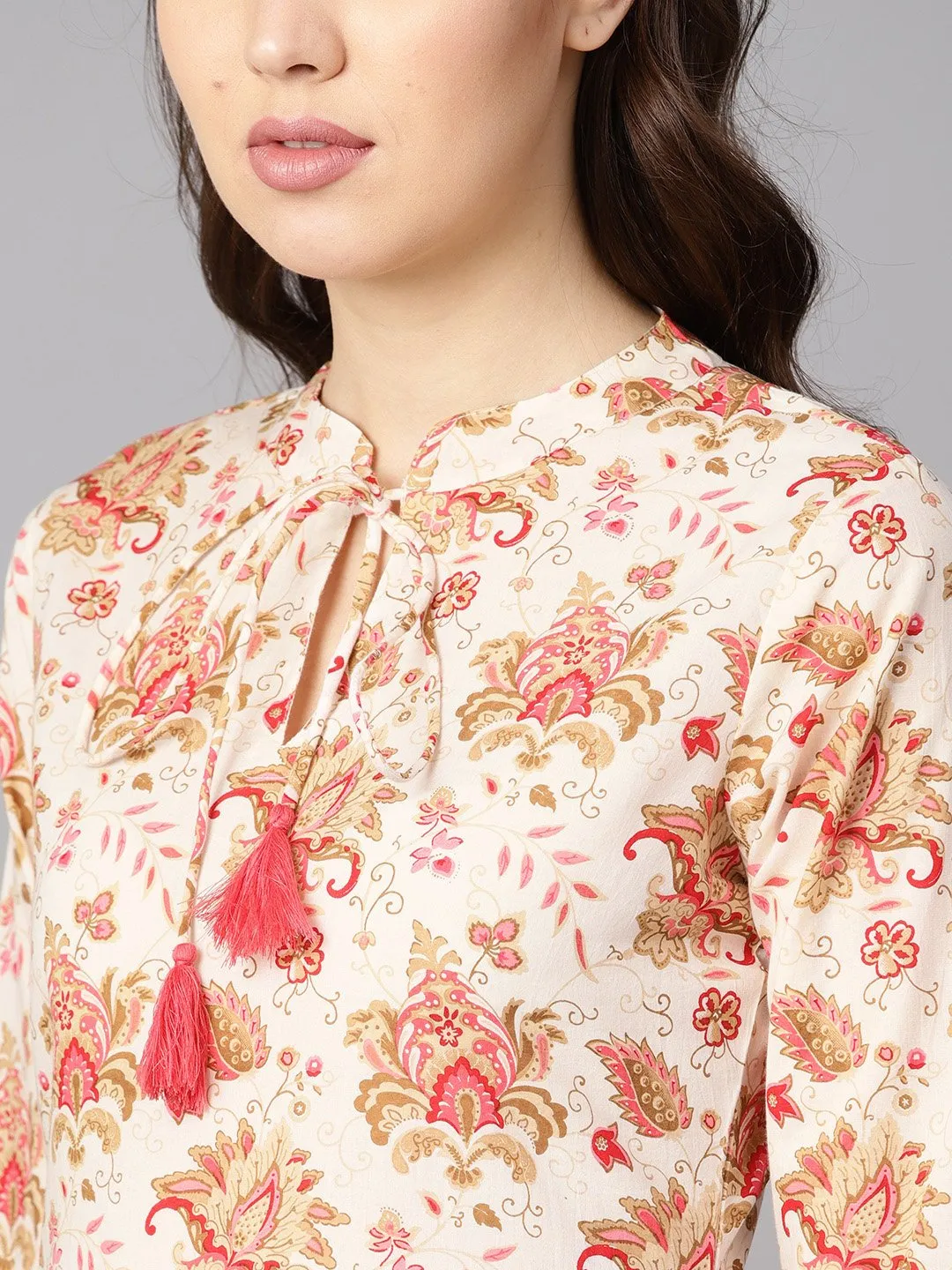 Multi Colored Floral Printed Straight Kurta With Detailed Cuff With Solid Pink Pants