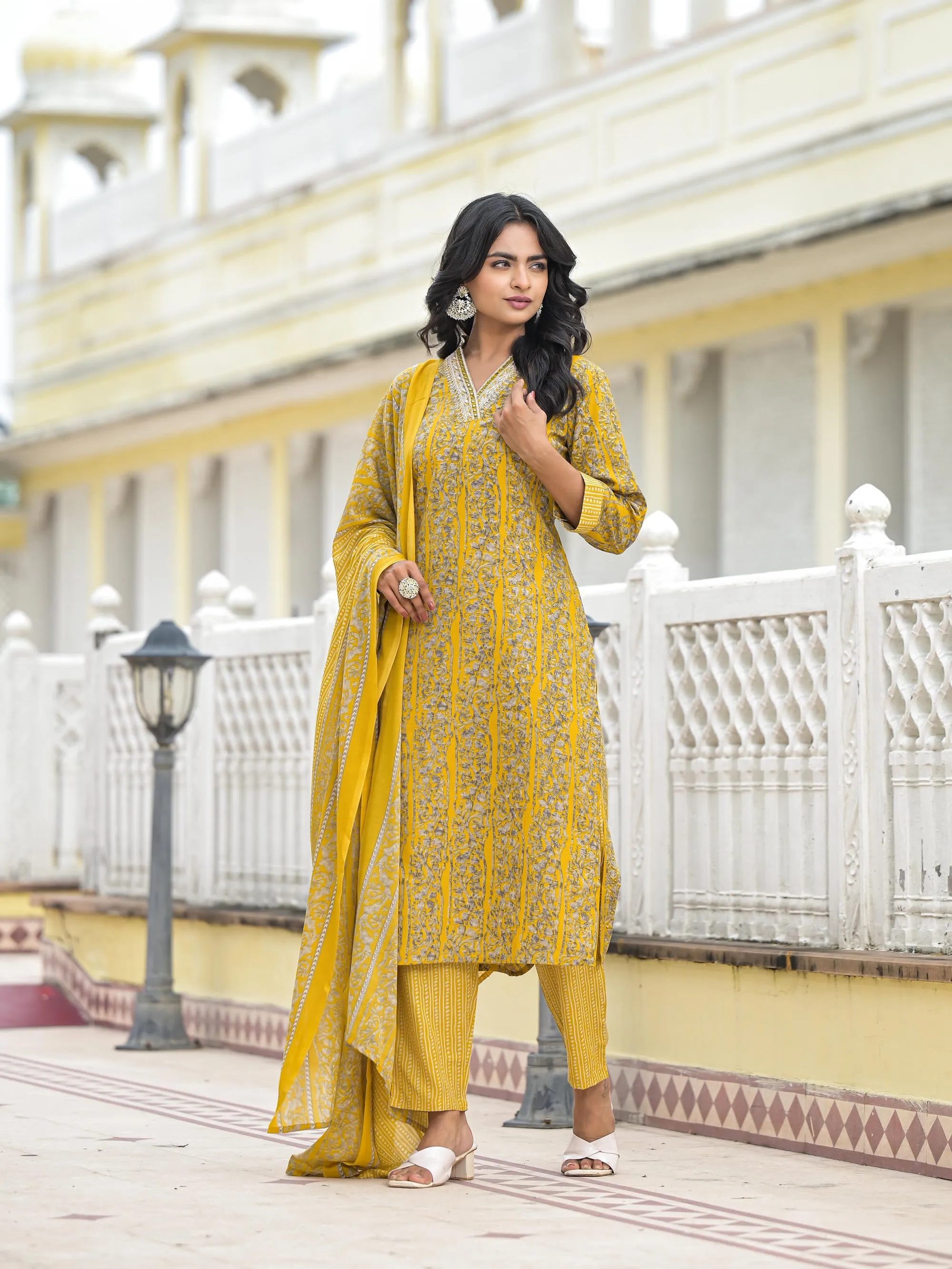 Mustard Floral Printed Cotton Kurta Pant With Dupatta Set With Mirror & Thread Work