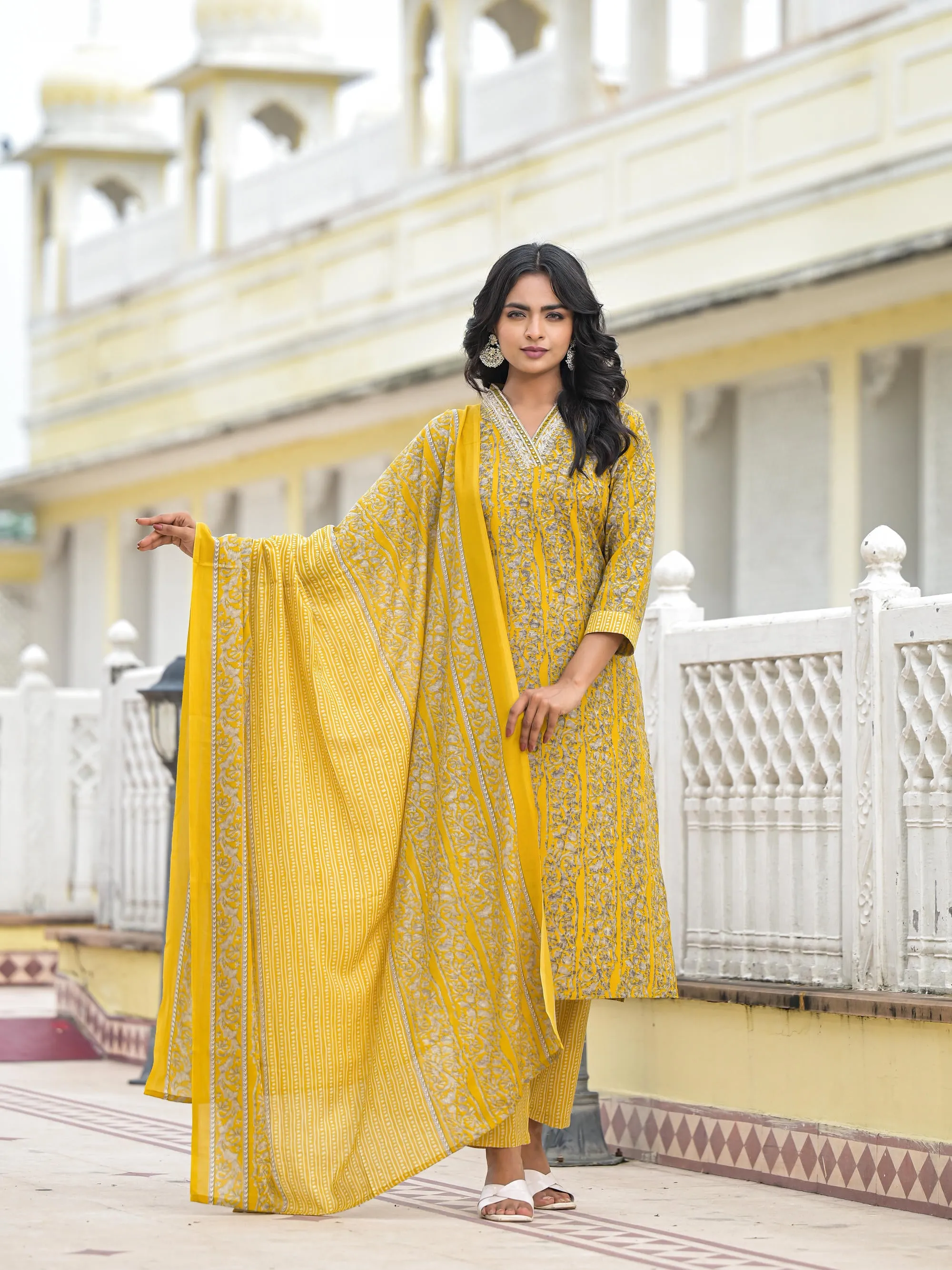 Mustard Floral Printed Cotton Kurta Pant With Dupatta Set With Mirror & Thread Work