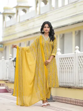 Mustard Floral Printed Cotton Kurta Pant With Dupatta Set With Mirror & Thread Work