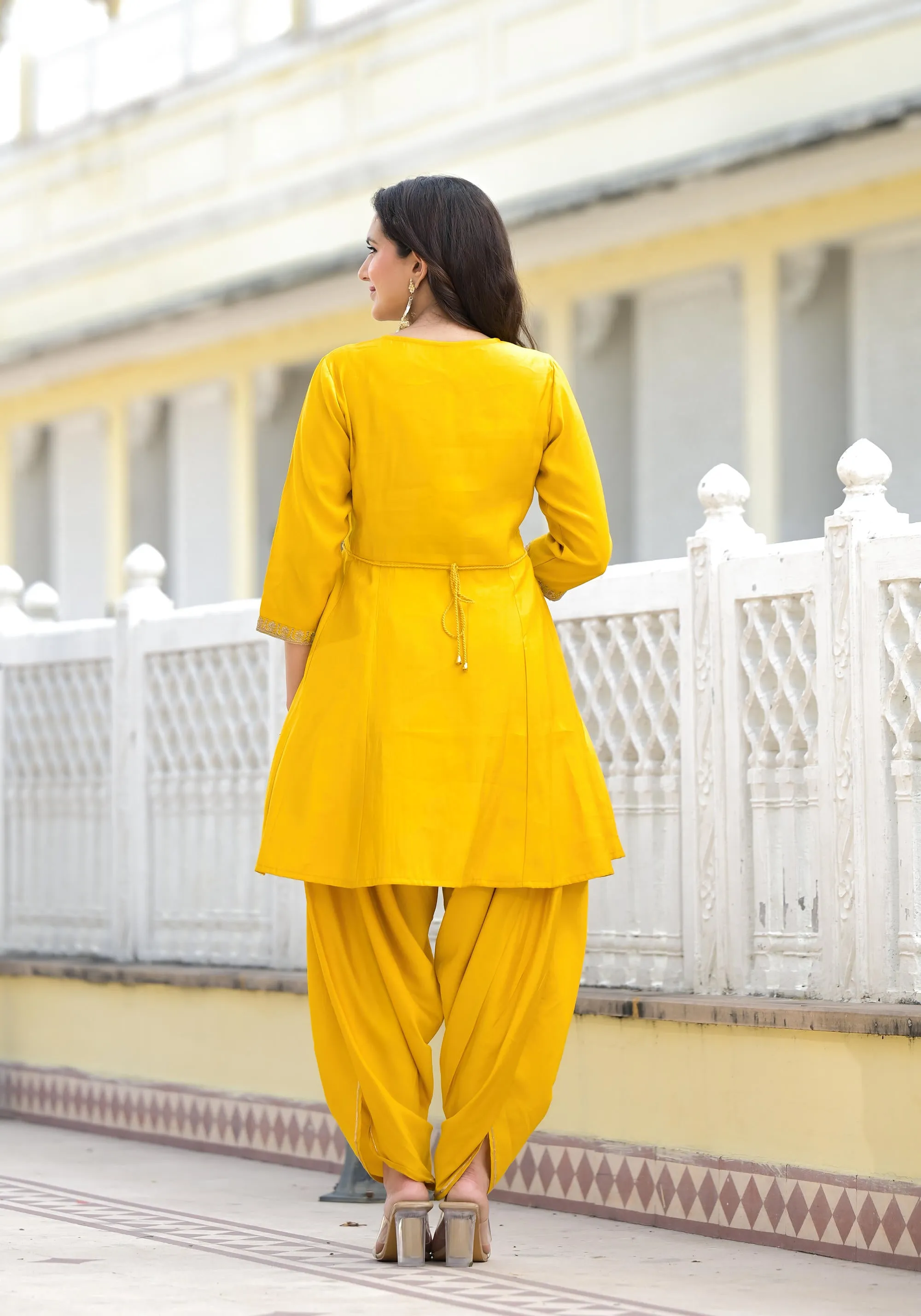 Mustard Solid Viscose Kurta & Pant Set With Zari & Mirror Work