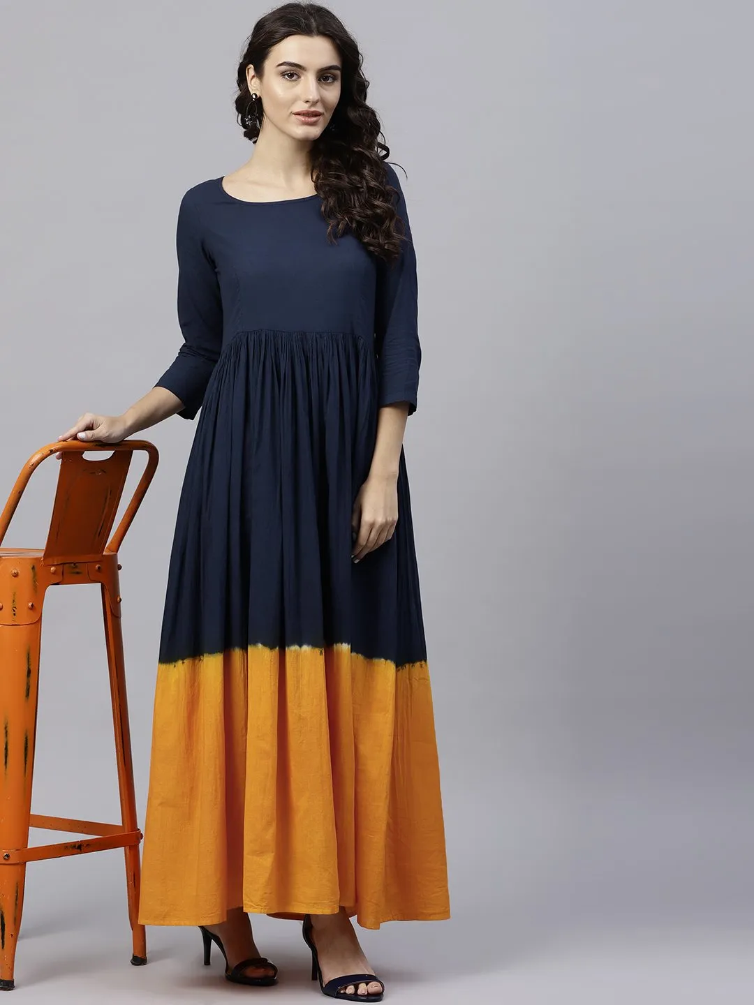 Navy Blue And Orange Ombre Dyed Maxi Dress With Round Neck And 3/4 Sleeves