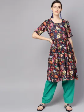 Navy Blue Multi Colored Pleated Kurta With Solid Tulip Pants