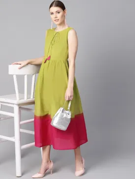 Ombre Dye Green & Pink Dress With Button And Dori Detailing