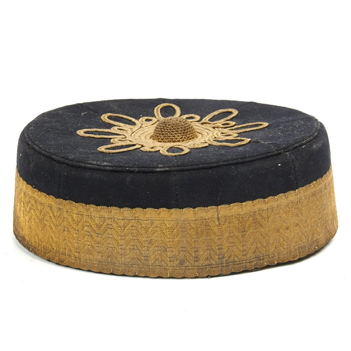 Original British Victorian Era Officer Pill Box Hat with Gold Thread Embroidery