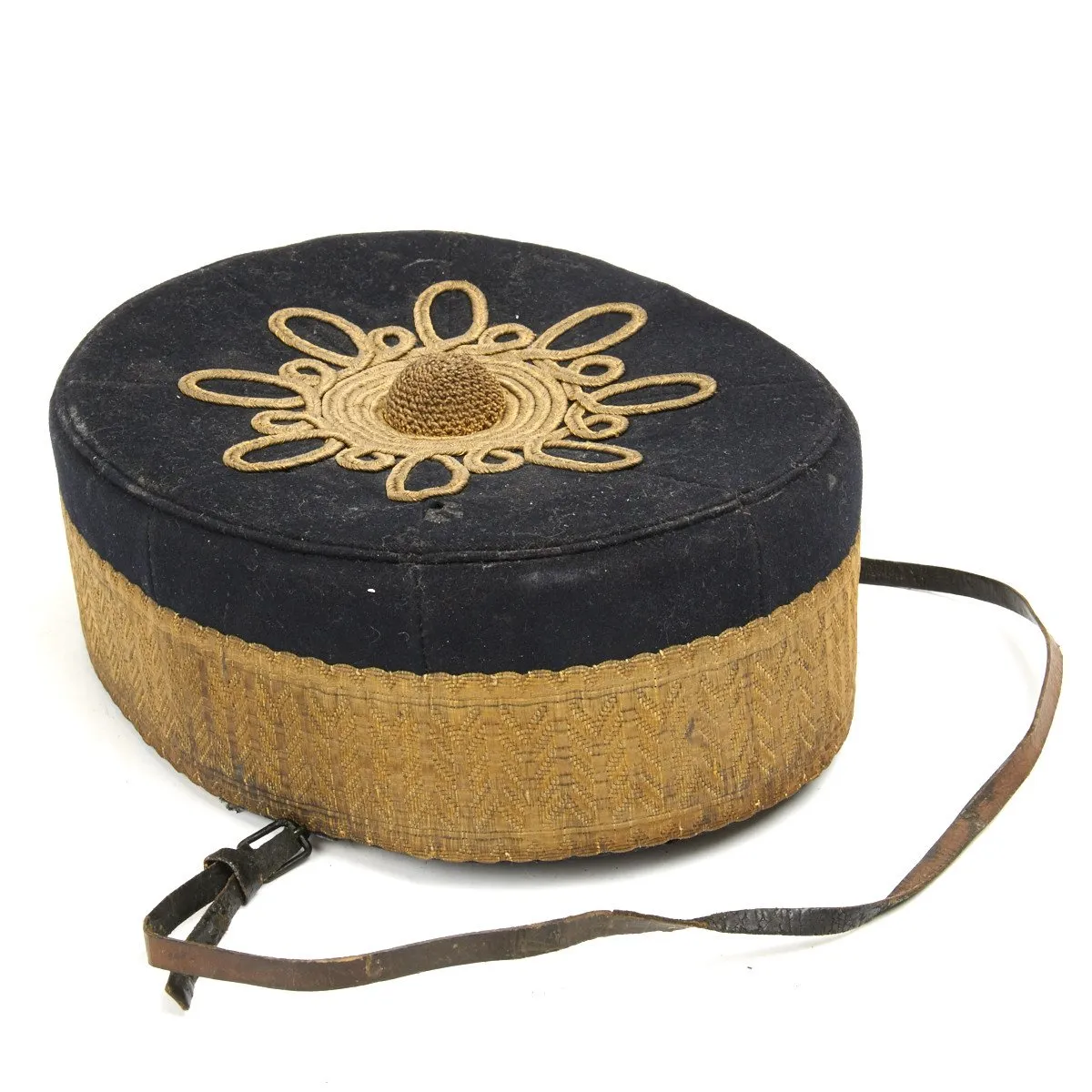 Original British Victorian Era Officer Pill Box Hat with Gold Thread Embroidery