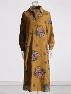 Patchwork Lapel Collar Long Sleeve Maxi Shirt Dress