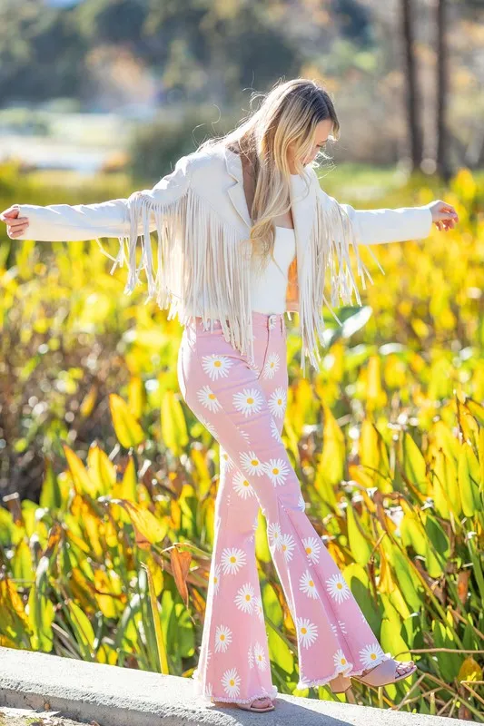 Pink Boho Daisy Flare Denim