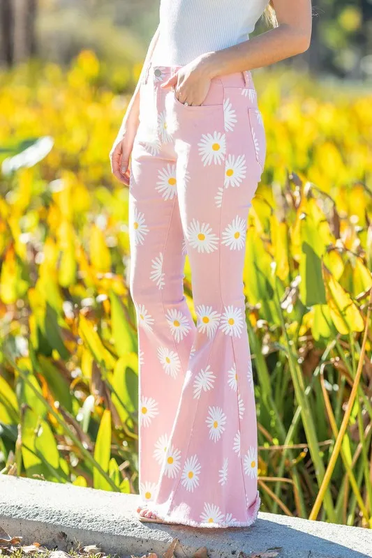 Pink Boho Daisy Flare Denim