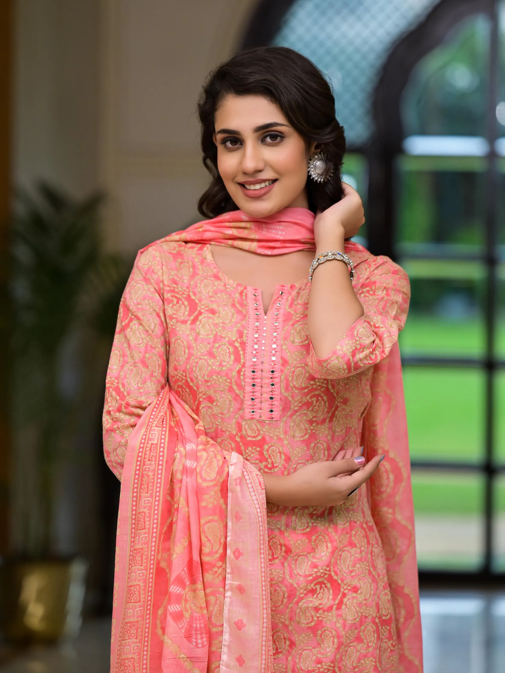 Pink Ethnic Motif Printed Cotton Kurta Pant And Dupatta Set With Mirror Work & Sequins