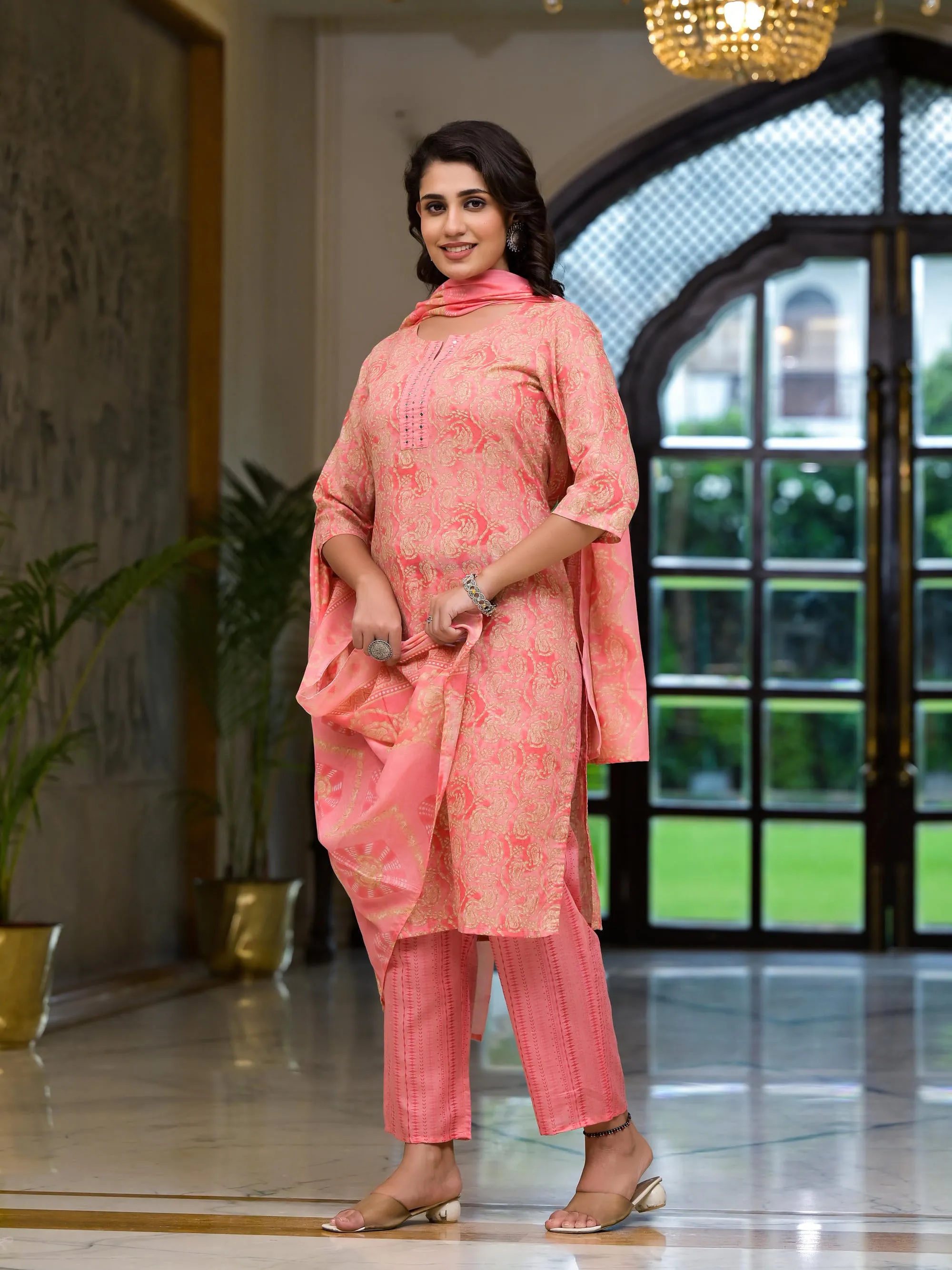 Pink Ethnic Motif Printed Cotton Kurta Pant And Dupatta Set With Mirror Work & Sequins