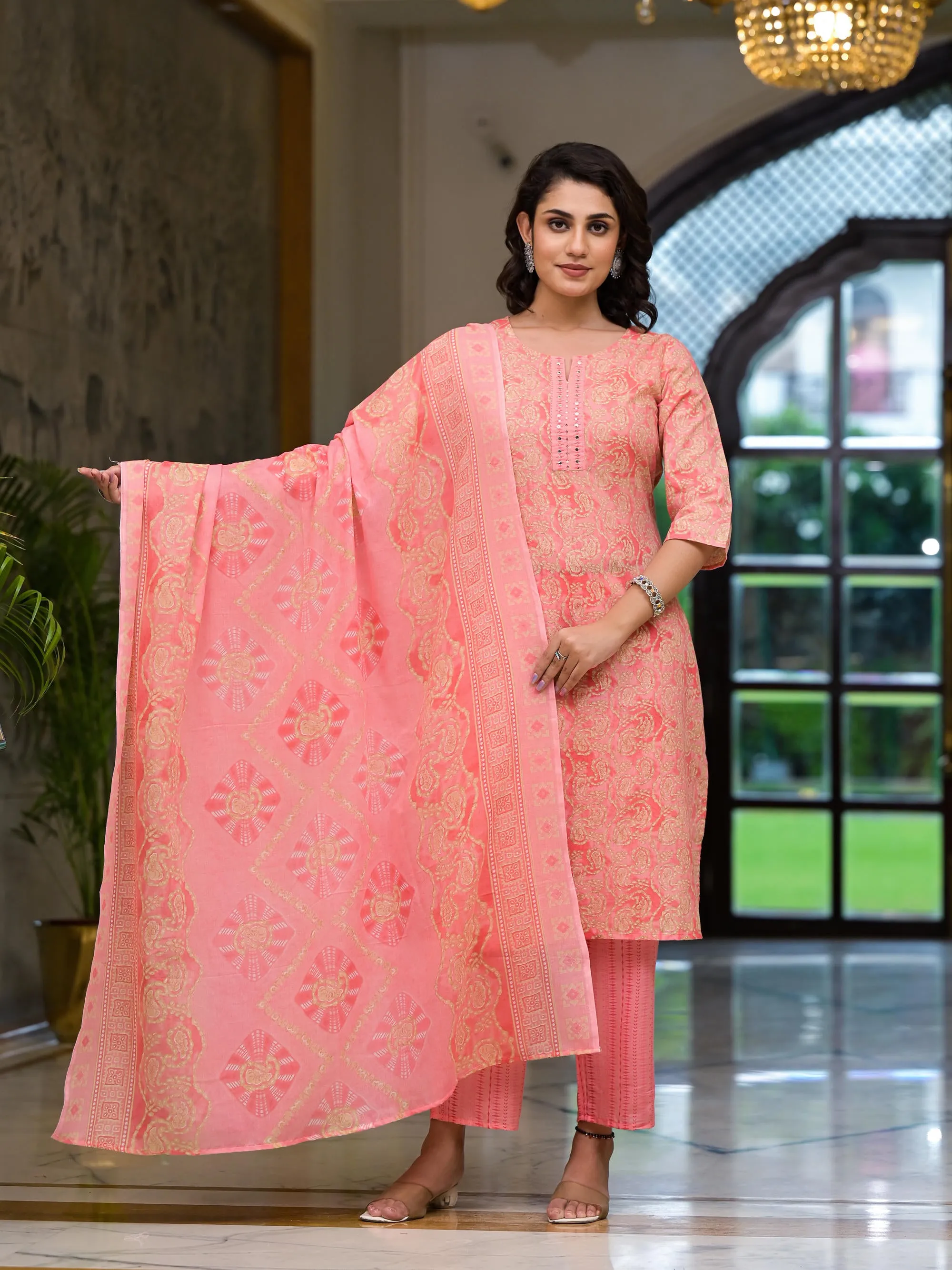 Pink Ethnic Motif Printed Cotton Kurta Pant And Dupatta Set With Mirror Work & Sequins