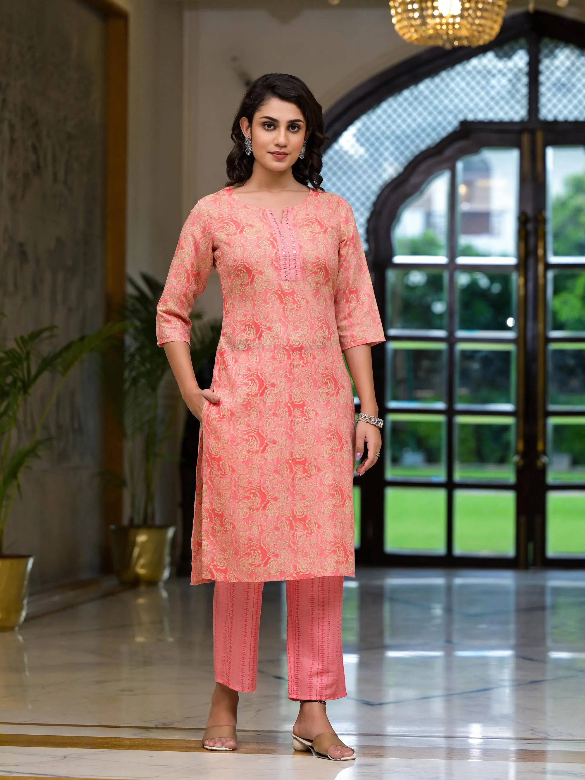 Pink Ethnic Motif Printed Cotton Kurta Pant And Dupatta Set With Mirror Work & Sequins