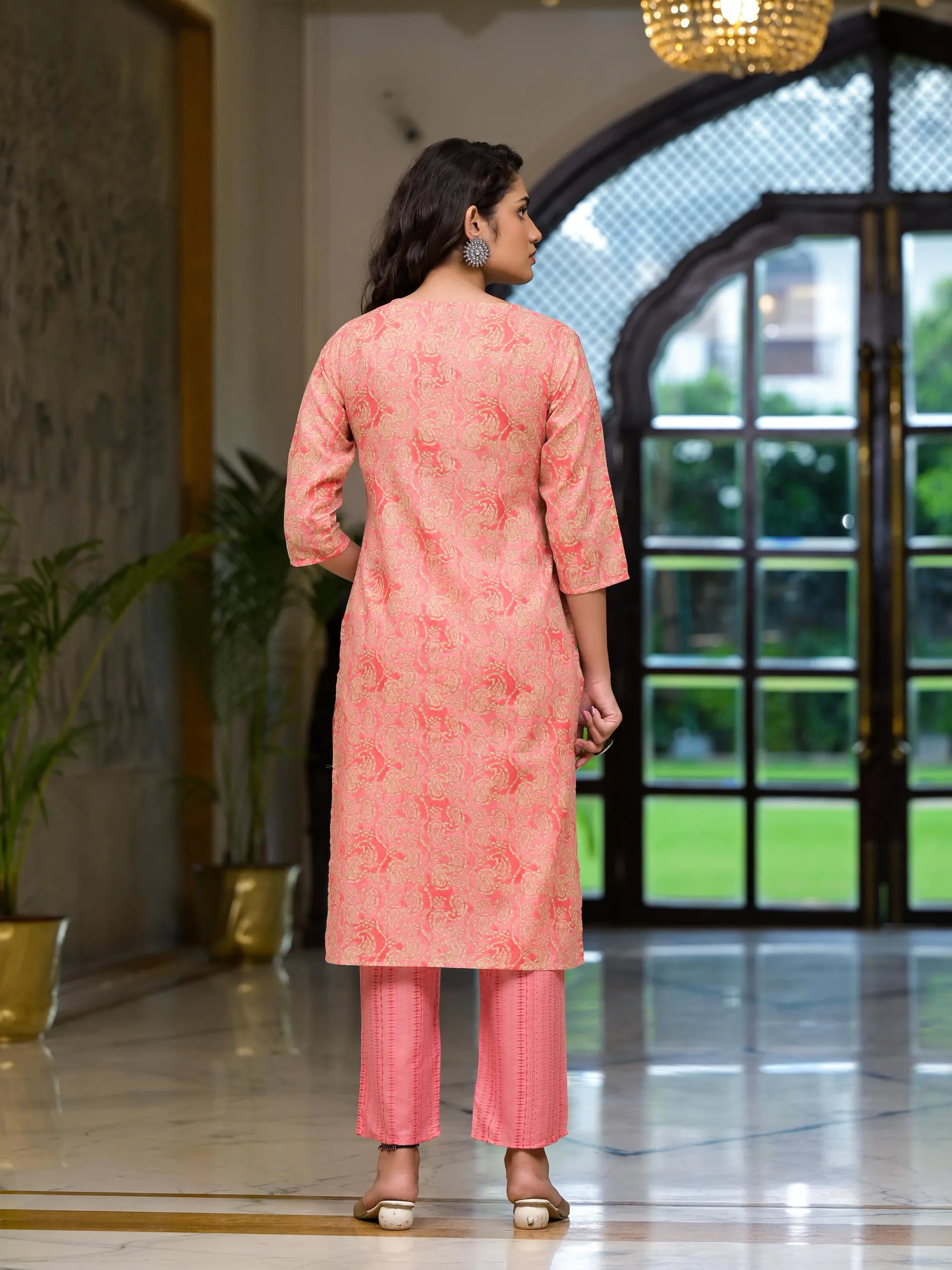 Pink Ethnic Motif Printed Cotton Kurta Pant And Dupatta Set With Mirror Work & Sequins