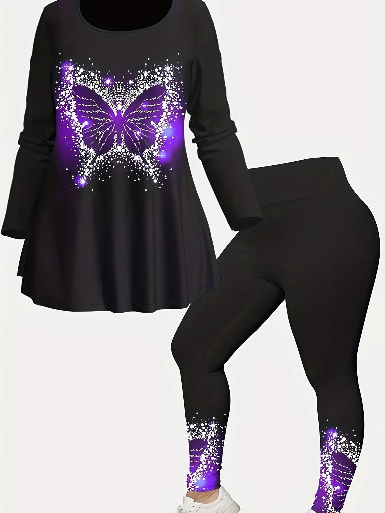 Plus Size Butterfly Print Skinny Leggings - Sporty Comfort with a Touch of Whimsy