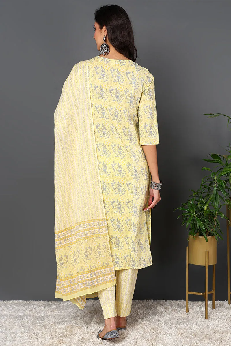 Plus Size Yellow Pure Cotton Floral Printed Straight Suit Set