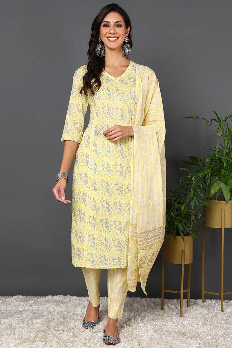 Plus Size Yellow Pure Cotton Floral Printed Straight Suit Set