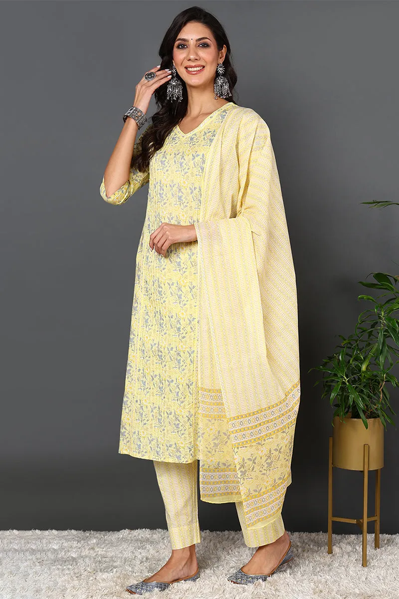 Plus Size Yellow Pure Cotton Floral Printed Straight Suit Set