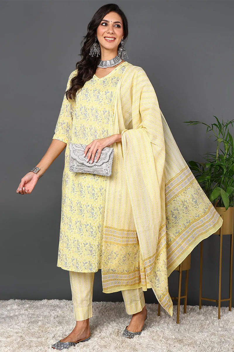 Plus Size Yellow Pure Cotton Floral Printed Straight Suit Set