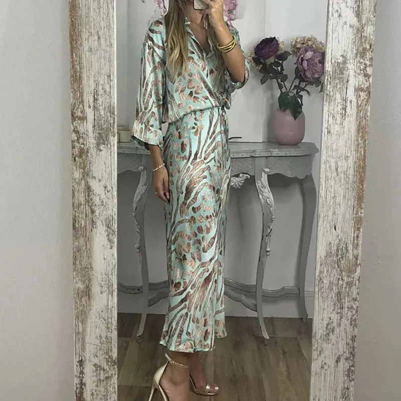 Printed Graphic Office New Women Commuter V-neck Long Sleeve Shirt Tops High Waist Long Skirt Elegant Set