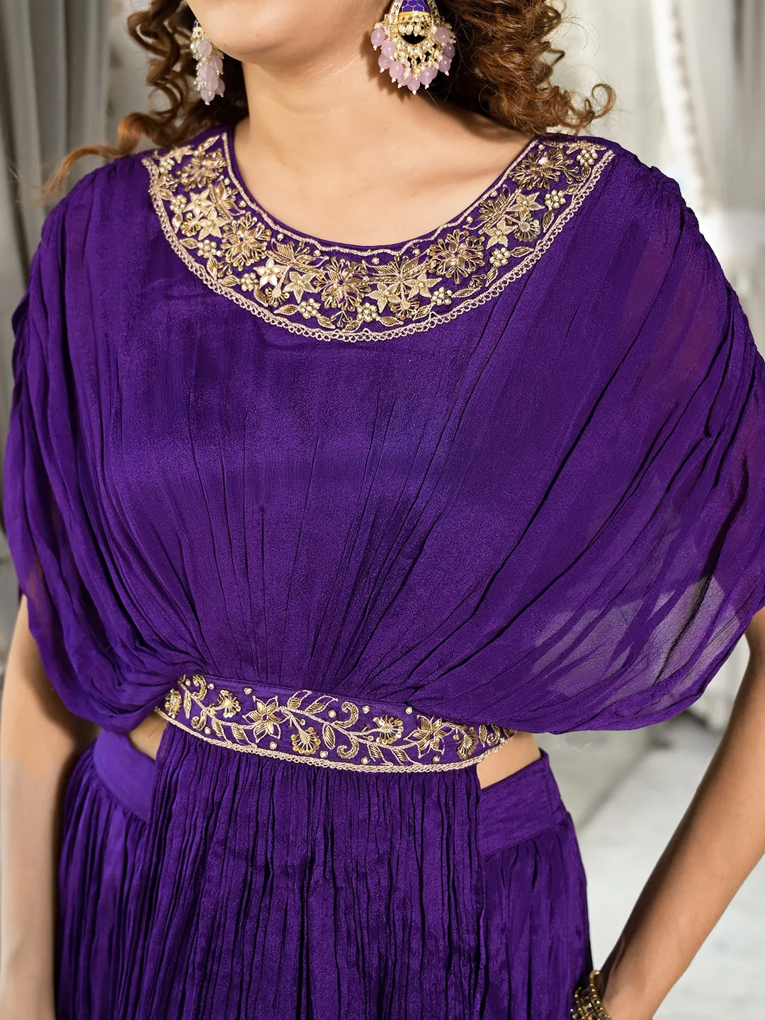 Purple Zardozi Work Chinon Fabric Crop Top With Lehenga