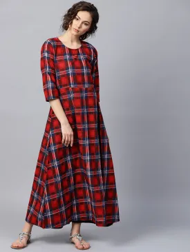 Red Check 3/4Th Sleeve Cotton Maxi Dress