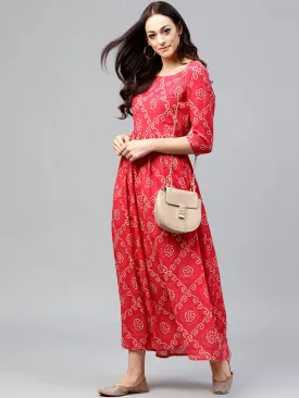 Red Printed Maxi Dress With Round Neck And 3/4 Sleeves