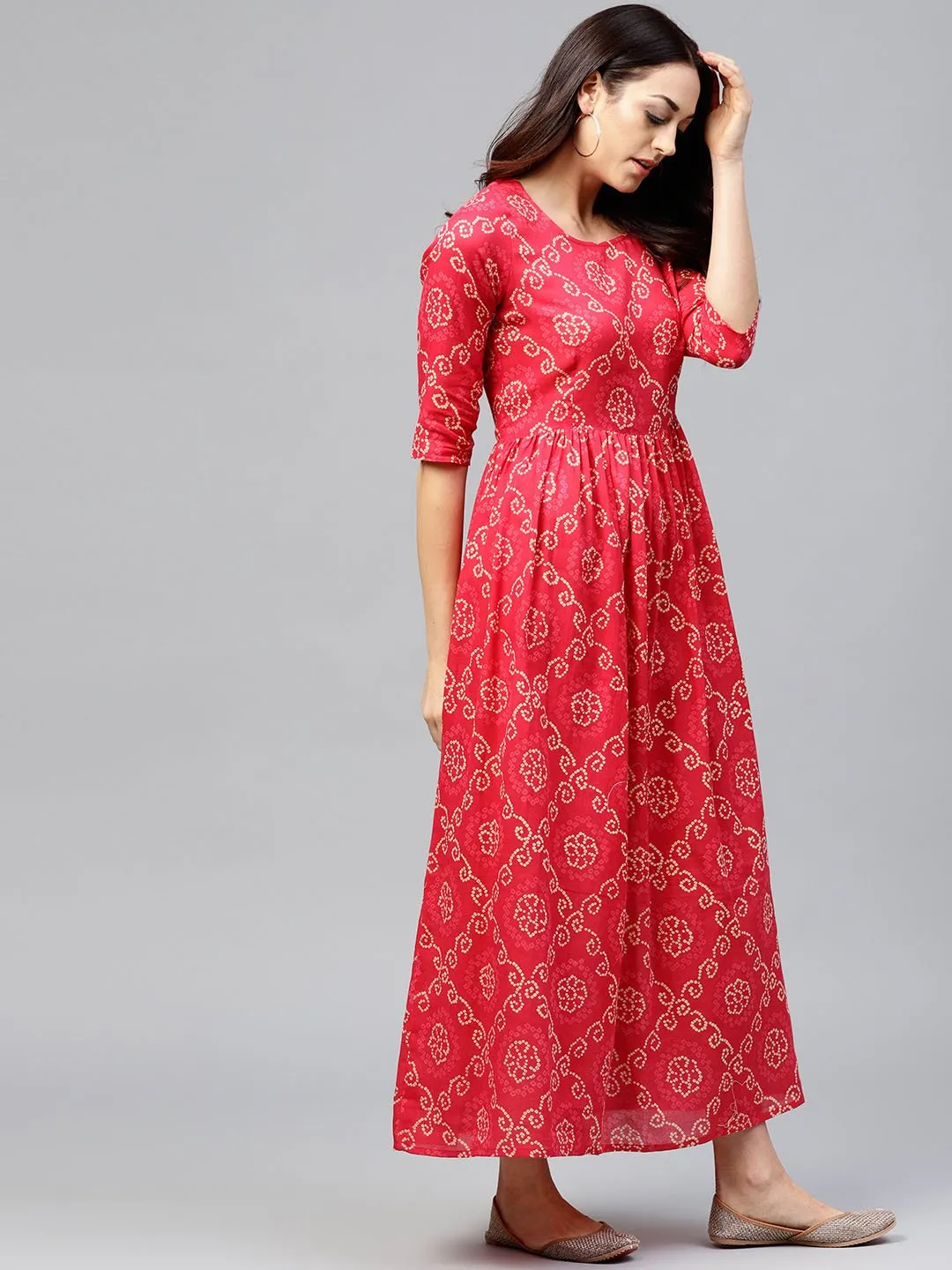 Red Printed Maxi Dress With Round Neck And 3/4 Sleeves