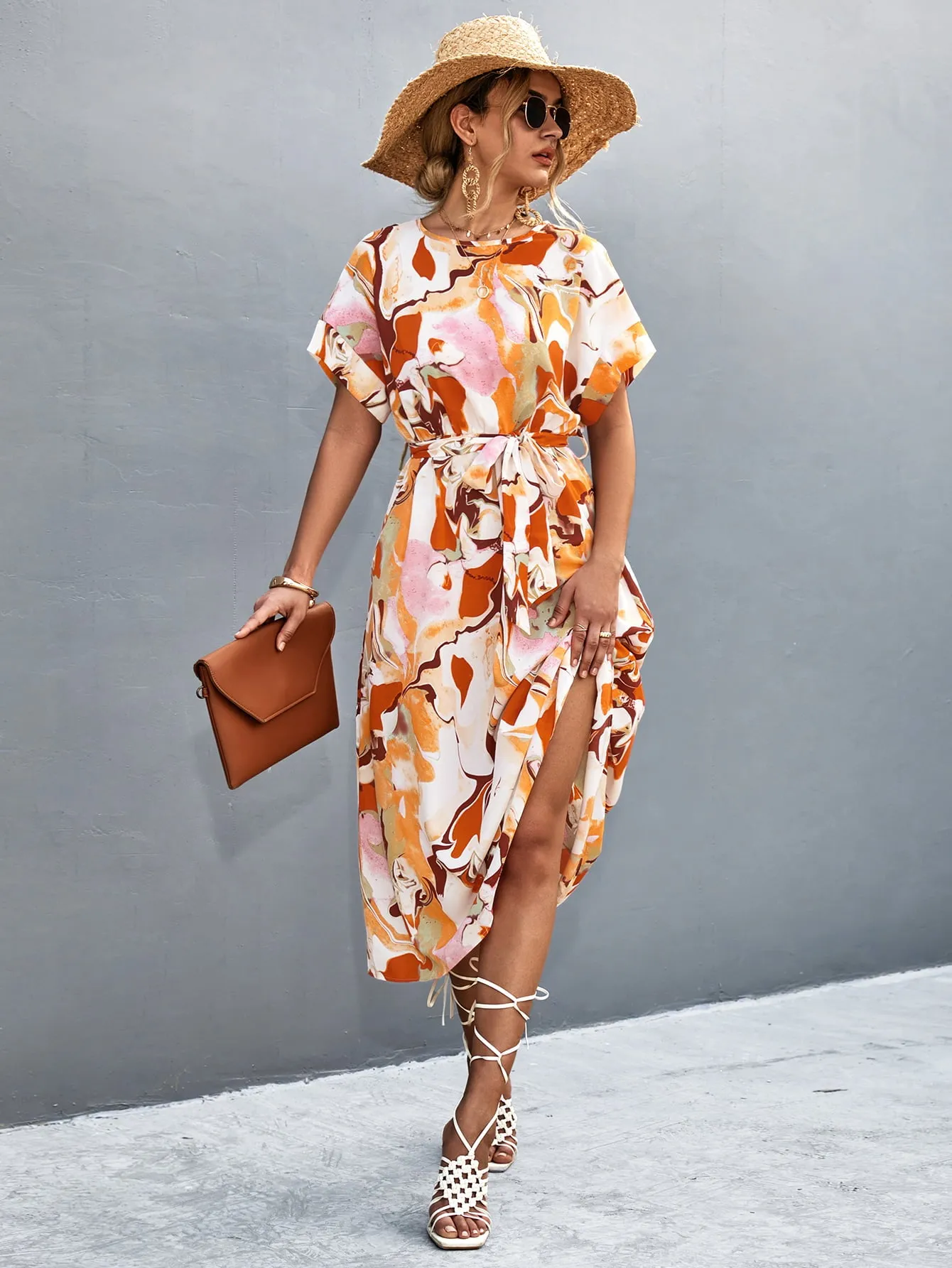 Round Neck Short Sleeve Tie Waist Midi Dress