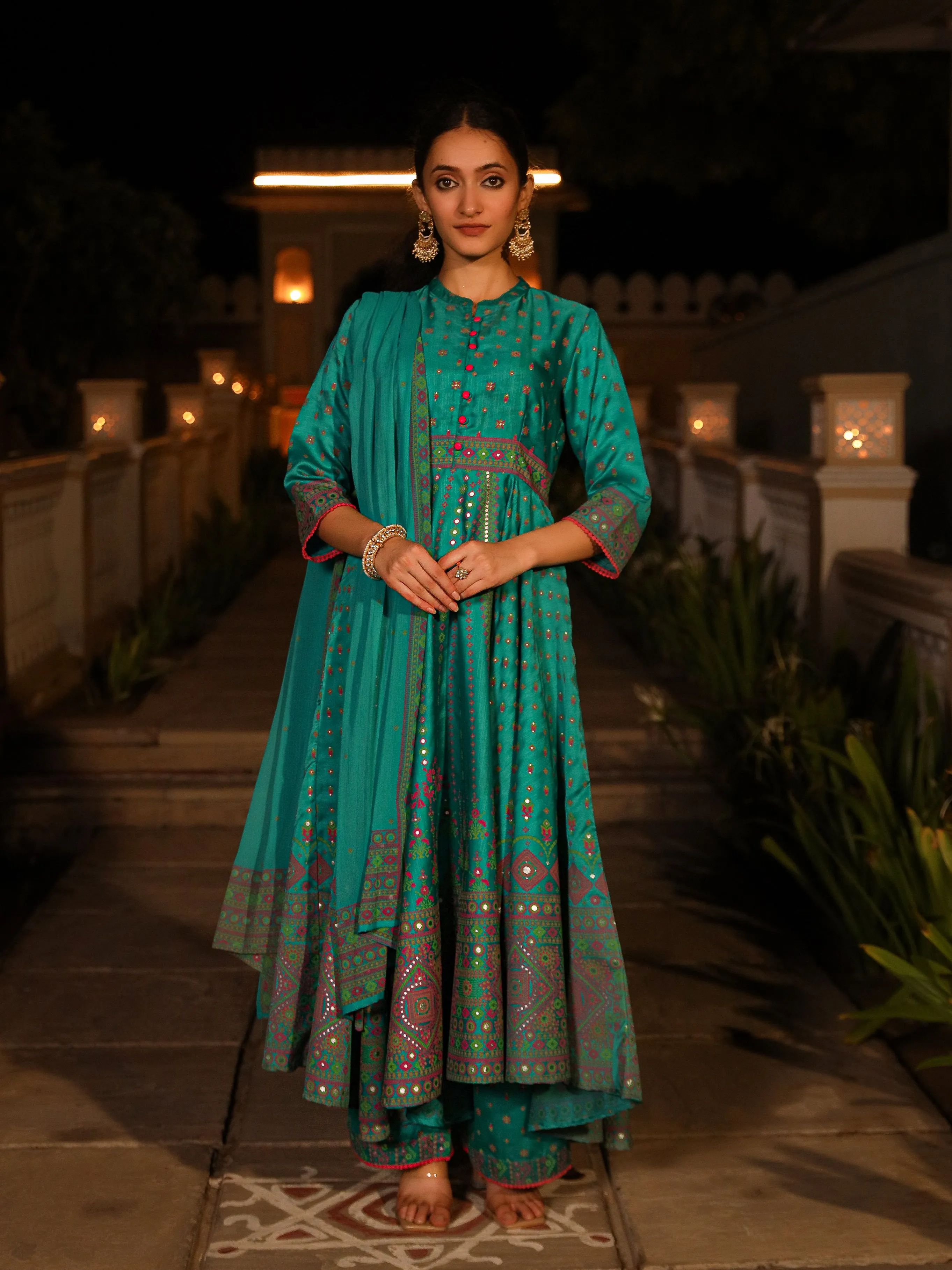 Sea Green Ethnic Motif Printed Slub Satin Kurta Pant And Chiffon Dupatta Set With Buttons & Lace